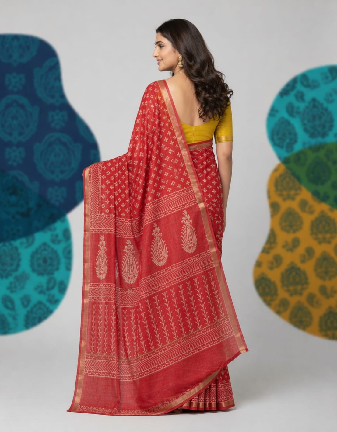 Hand Block Printed Kota Doria Sarees- Poppy red