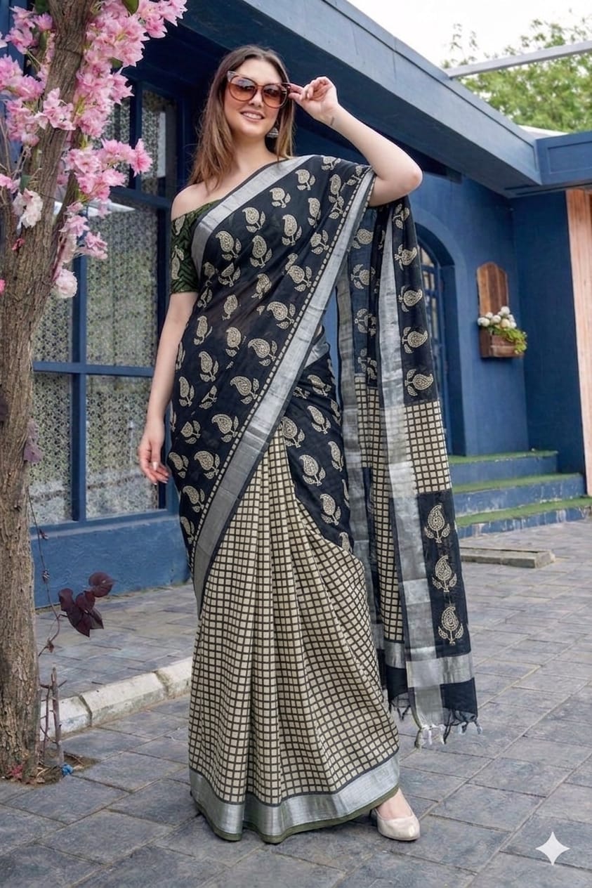 Block Print Saree with Zari Border-Black Magic