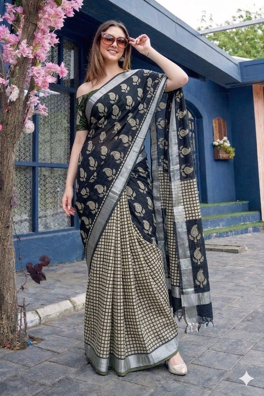 Block Print Saree with Zari Border-Black Magic