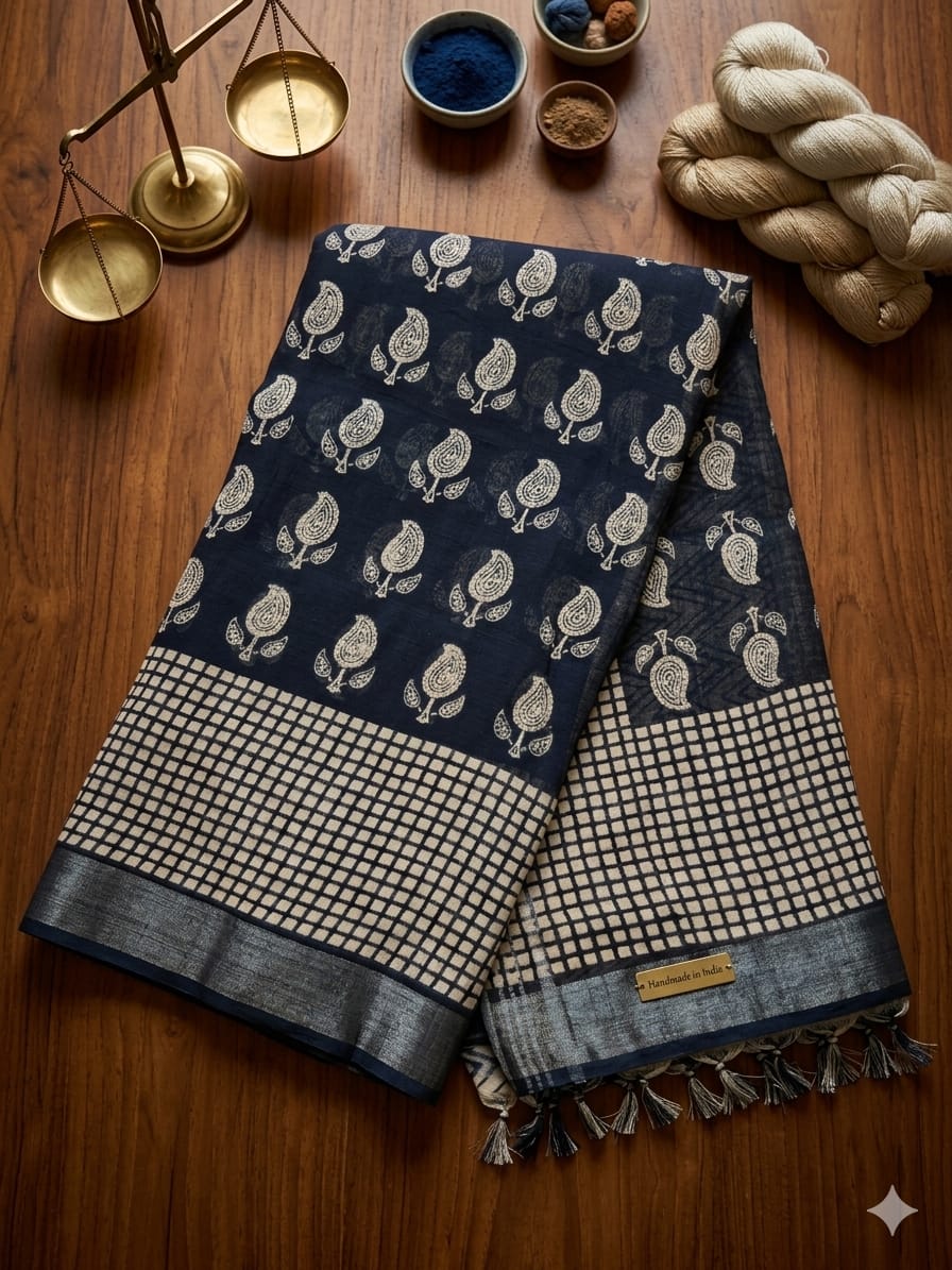 Block Print Saree with Zari Border-Black Magic