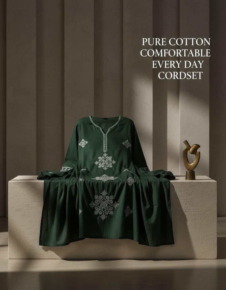 Cotton Embroidered everyday cord set-Moss Green