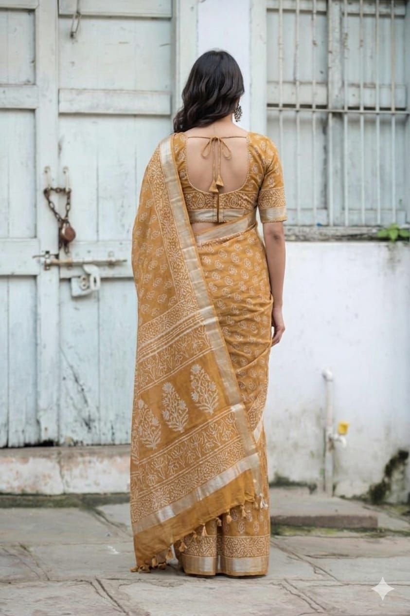 Block Print Saree with Zari Border-Mustard Yellow