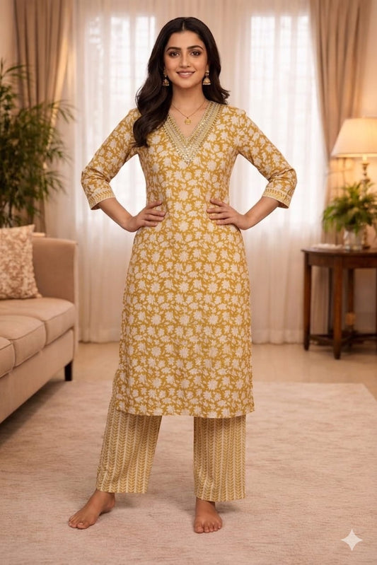Cotton Floral Printed Co-ord Set- Golden Dust