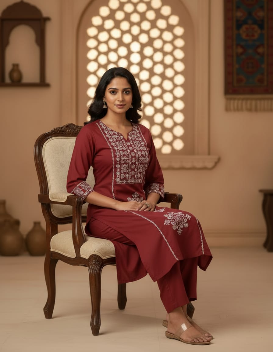 Cotton Embroidered everyday cord set-Sparkling Merlot