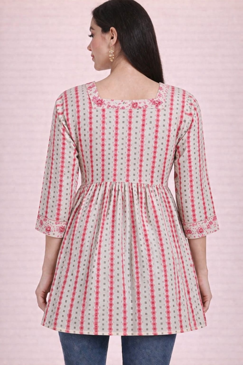 Cotton Flared Summer Kurti-Floral Pink