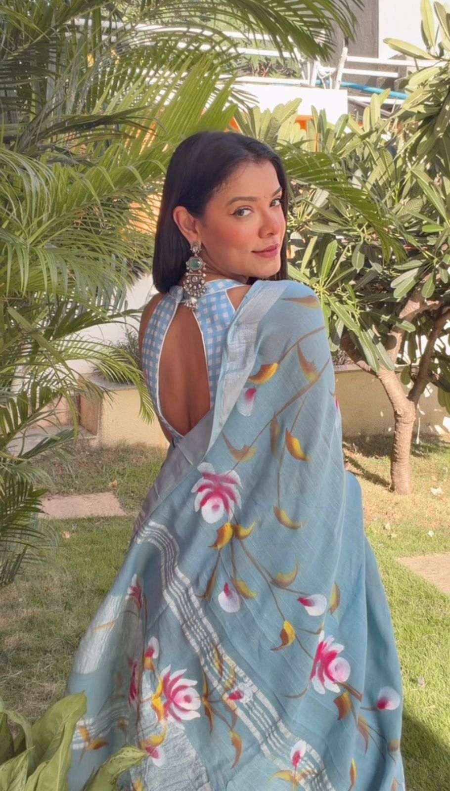 Hand Brush Print Saree with Zari Border -Light Blue