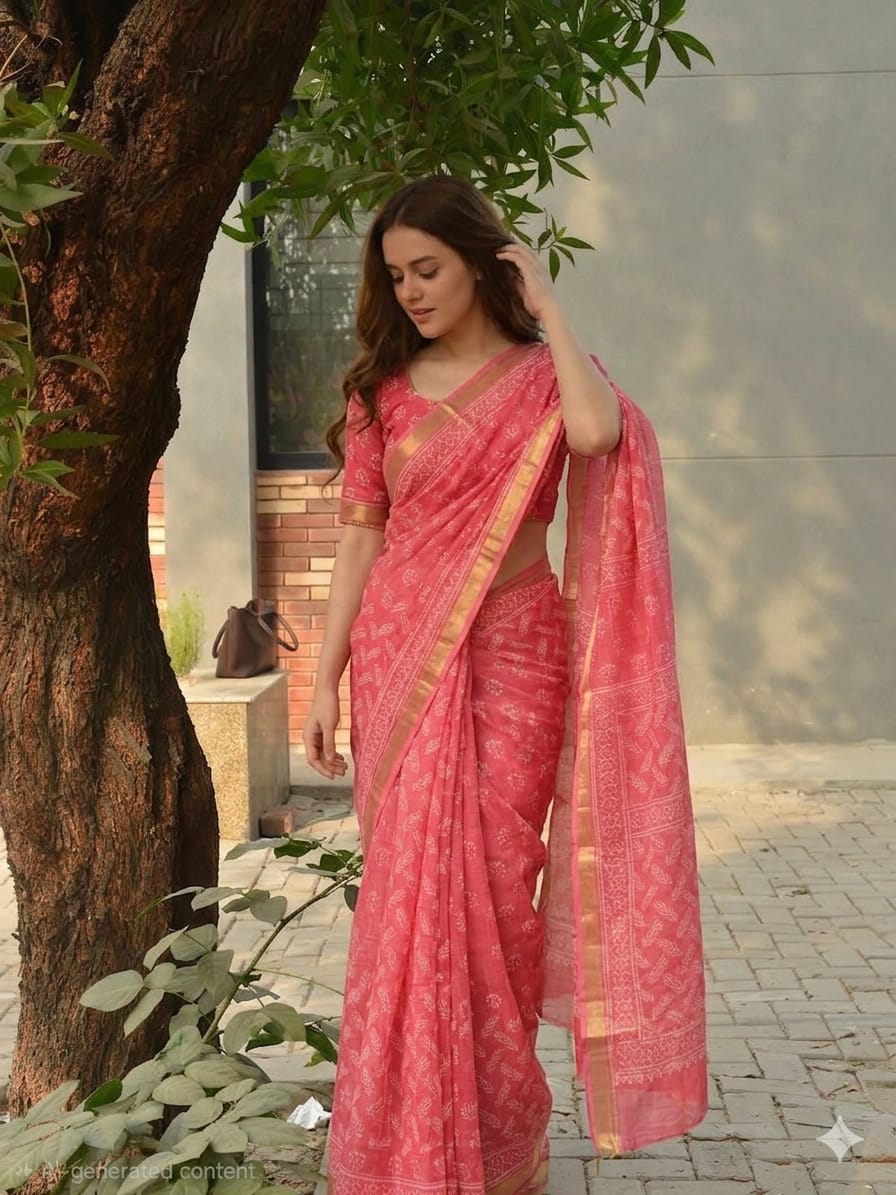 Hand Block Printed Kota Doria Saree - Coral Reef