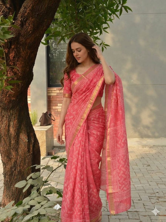 Hand Block Printed Kota Doria Saree - Coral Reef