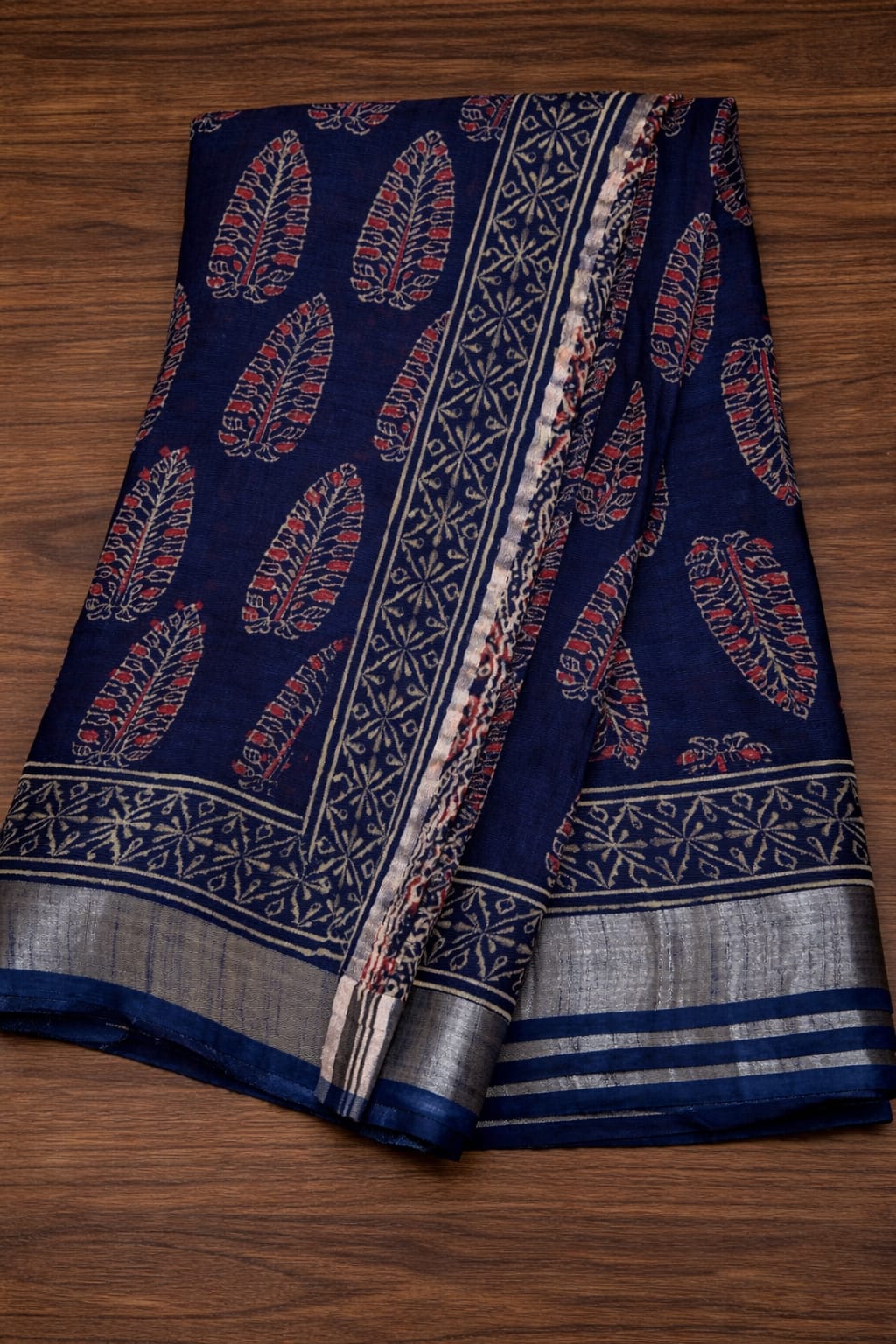 Block Print Saree with Zari Border- Intense Navy