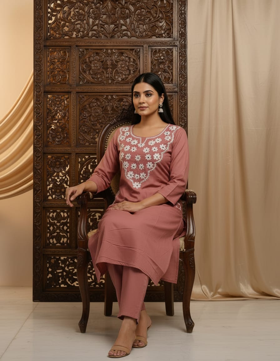 Cotton Embroidery everyday co-ord set-Rose Gold
