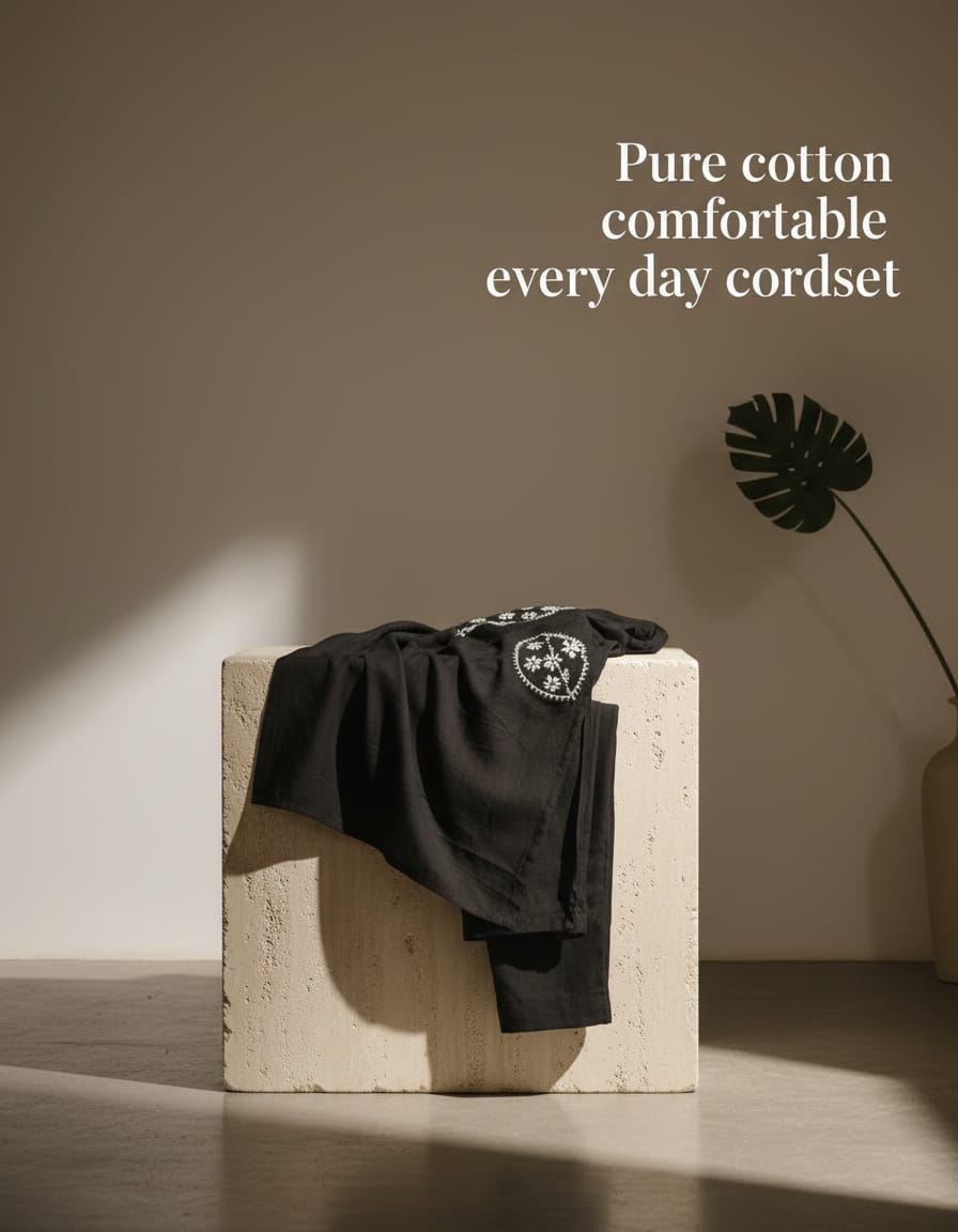 Cotton Embroidery everyday cord set-Midnight Black