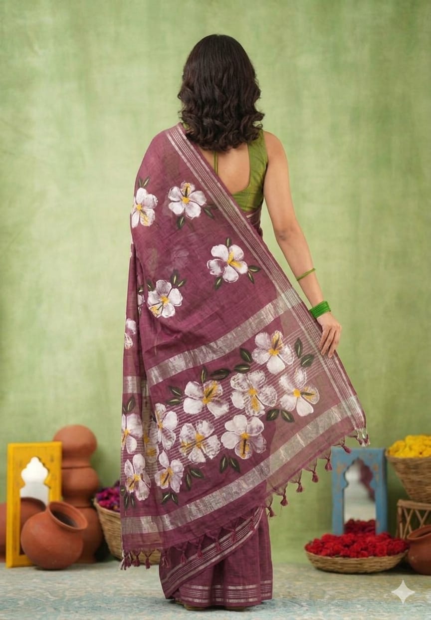 Hand Brush Print Saree with Zari Border-Dusty Pink