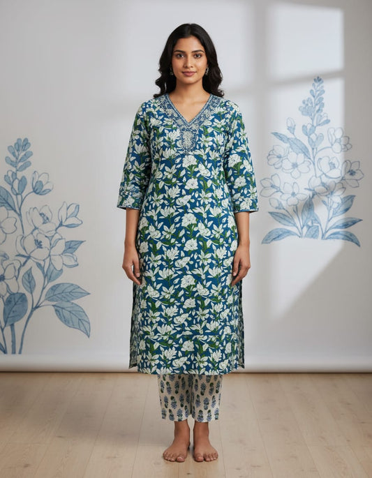 Cotton Floral Printed Co-ord Set-Turquoise Blue