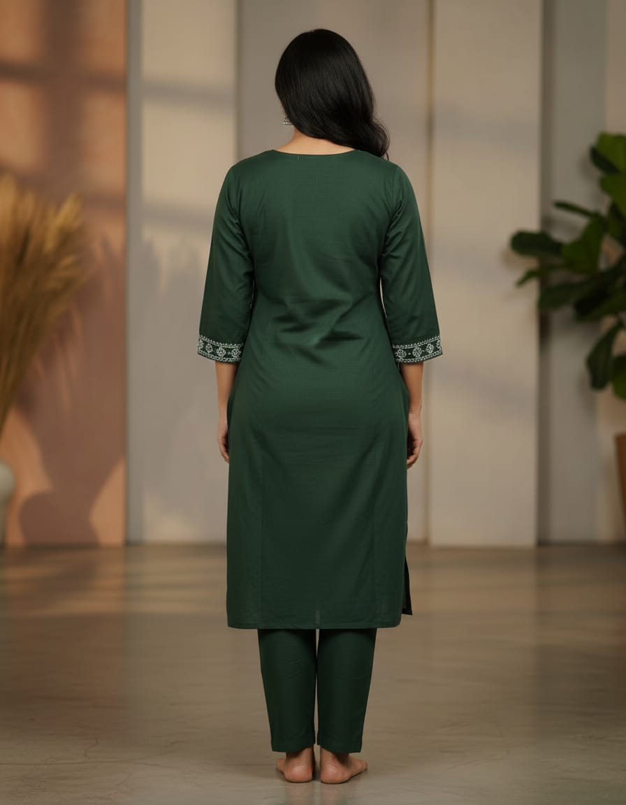 Cotton Embroidered everyday cord set-Moss Green
