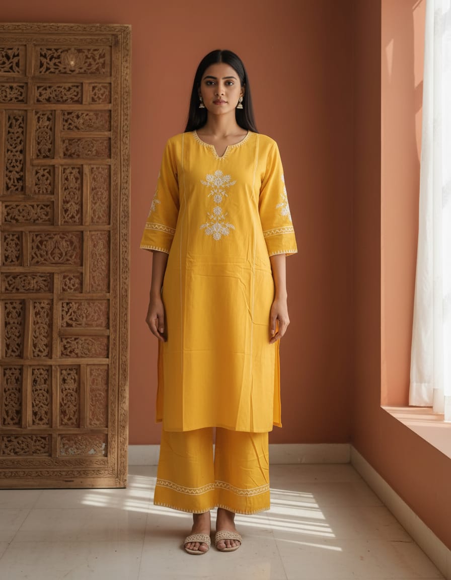 Cotton Embroidered everyday cord set-Sunny Yellow