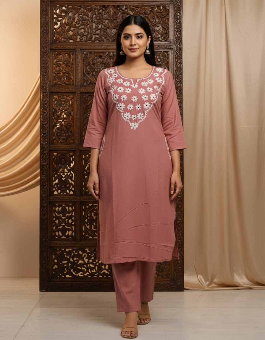 Cotton Embroidery everyday co-ord set-Rose Gold