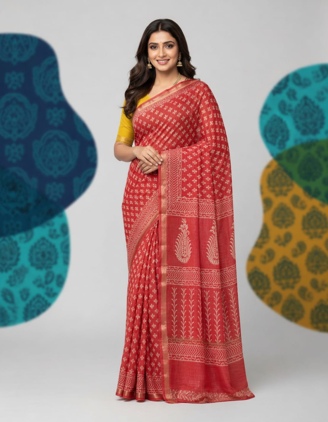 Hand Block Printed Kota Doria Sarees- Poppy red