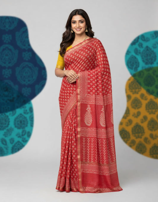 Hand Block Printed Kota Doria Sarees- Poppy red