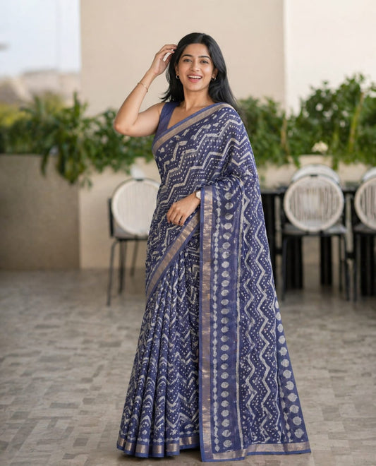 Hand Block Printed Kota Doria Sarees- Indigo