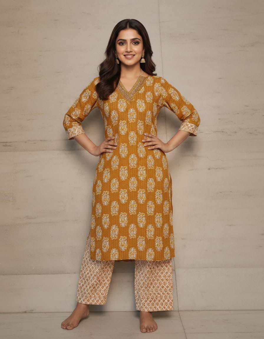 Cotton Floral Printed Co-ord Set-Ochre Yellow