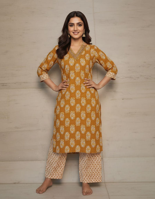 Cotton Floral Printed Co-ord Set-Ochre Yellow