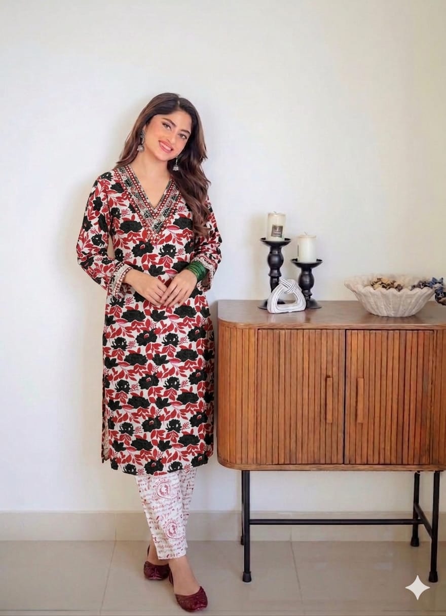 Cotton Floral Printed Co-ord Set-Crimson