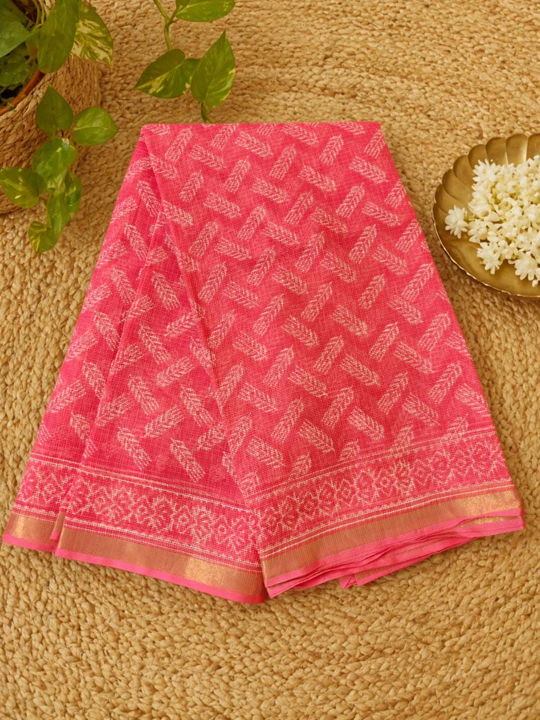 Hand Block Printed Kota Doria Saree - Coral Reef