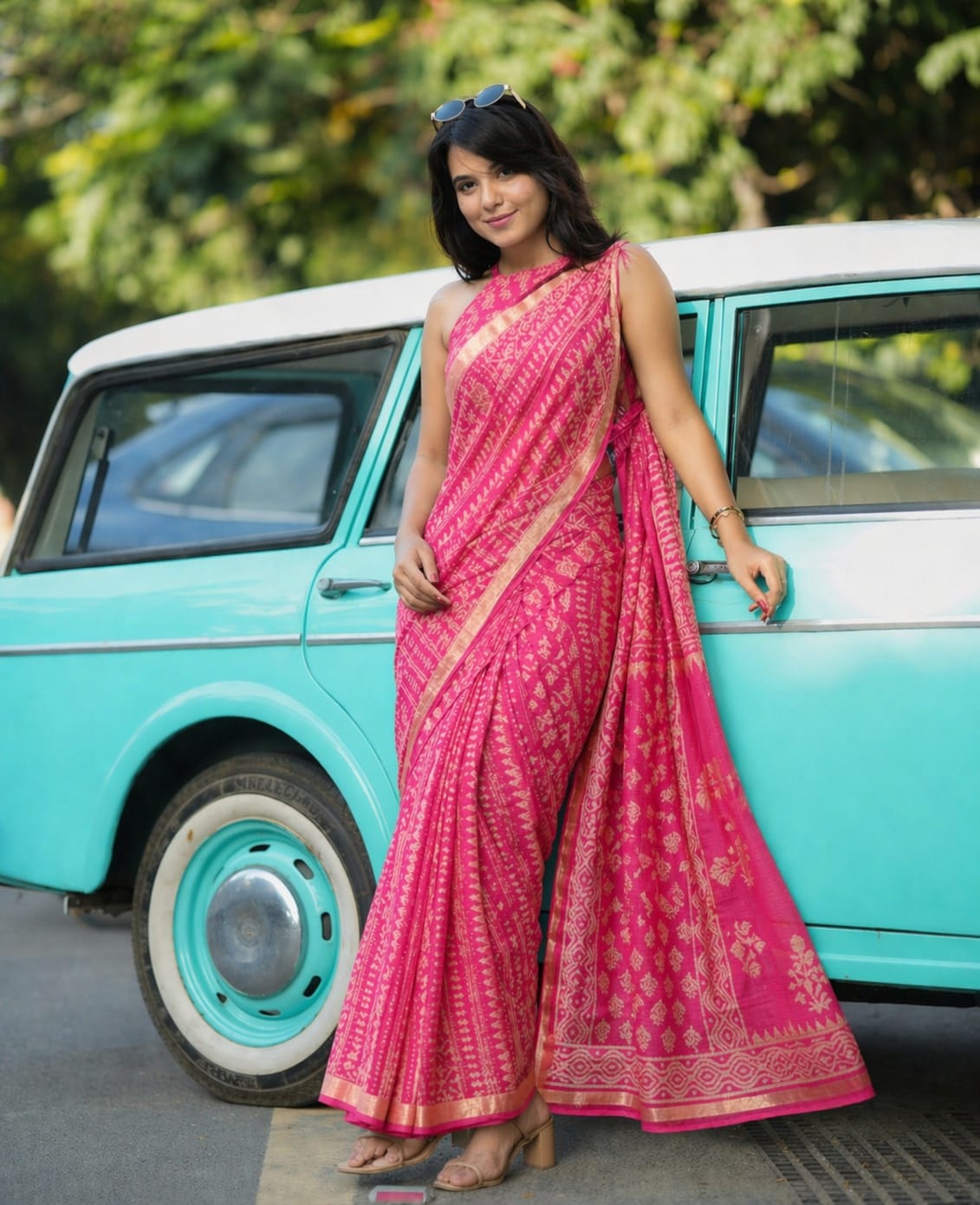 Hand Block Printed Kota Doria Sarees- Intense Pink