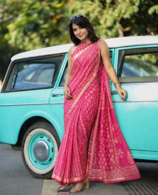 Hand Block Printed Kota Doria Sarees- Intense Pink