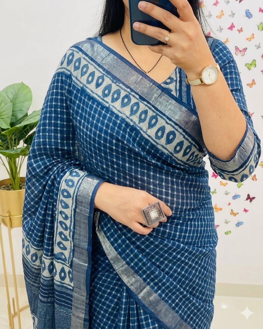 Block Print Saree with Zari Border- Indigo
