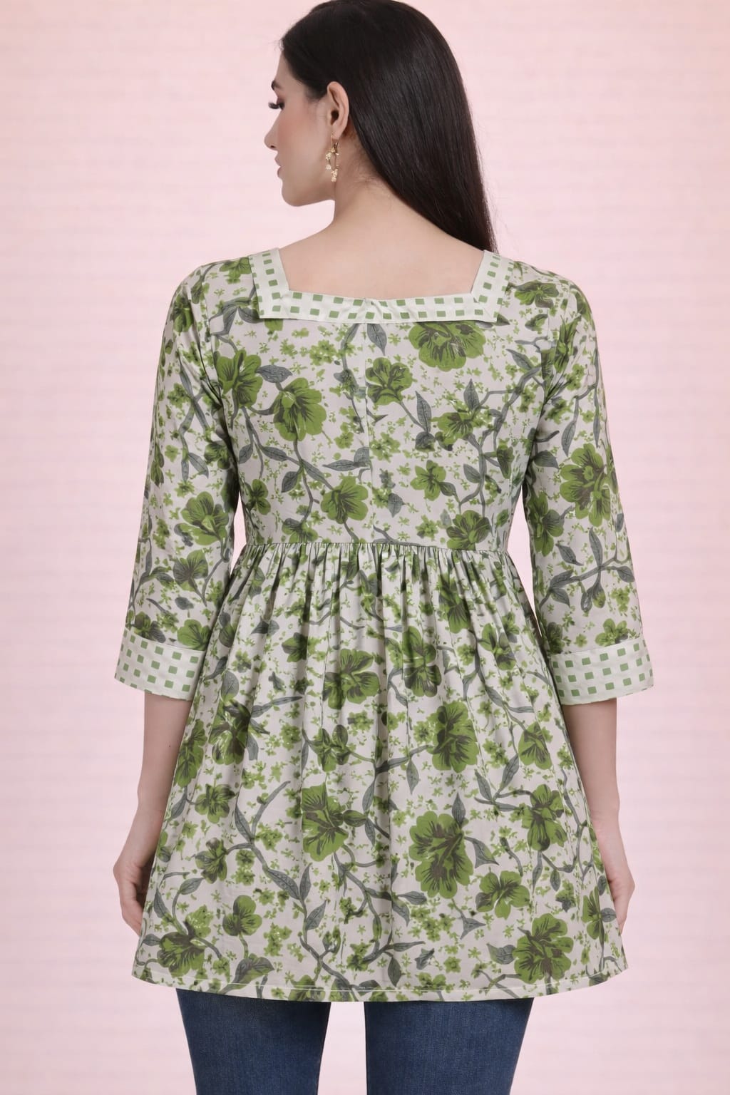 Cotton Flared Summer Kurti-Forest Green