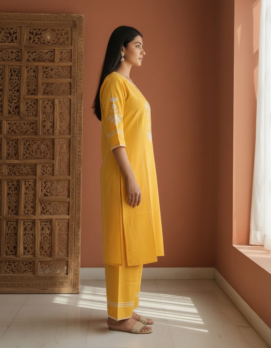 Cotton Embroidered everyday cord set-Sunny Yellow