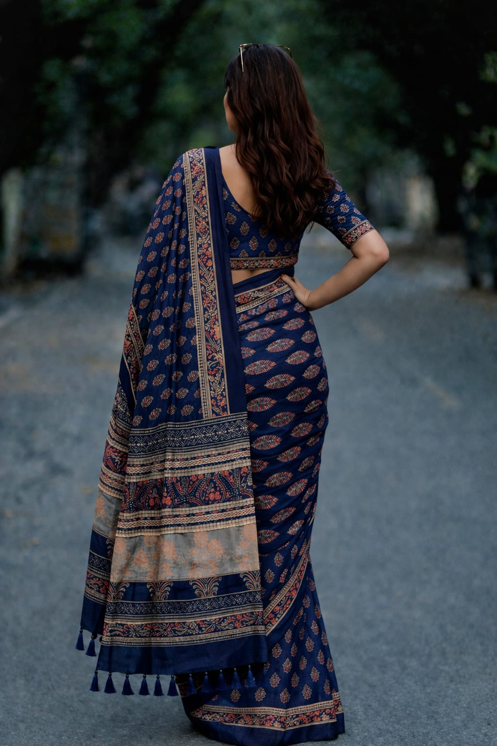 Block Print Saree with Zari Border- Intense Navy
