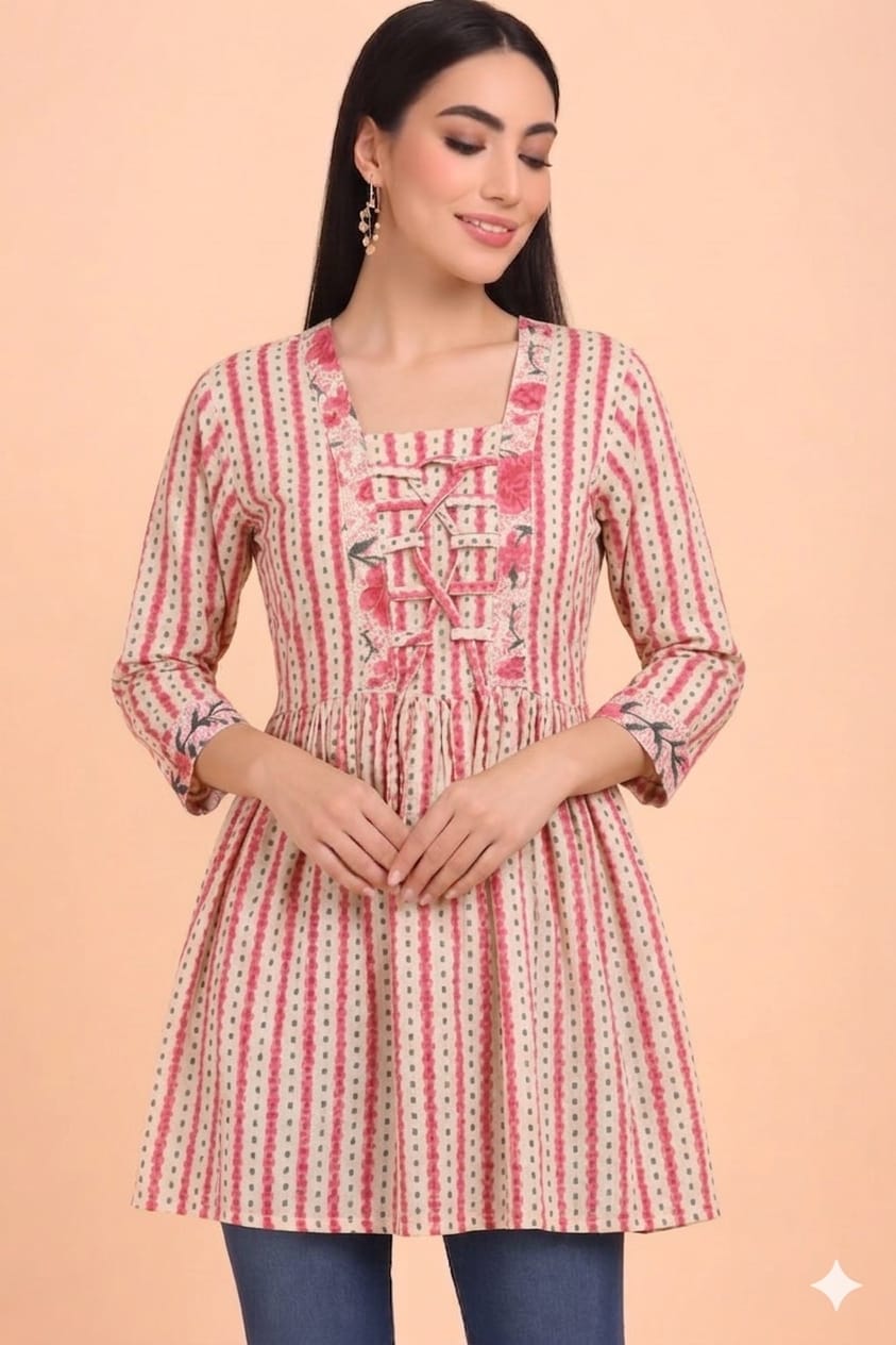 Cotton Flared Summer Kurti-Floral Pink