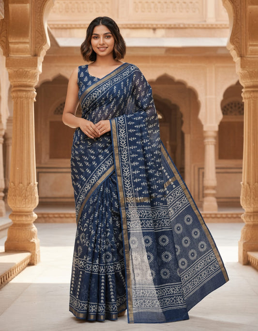 Hand Block Printed Kota Doria Sarees- Indigo Magic