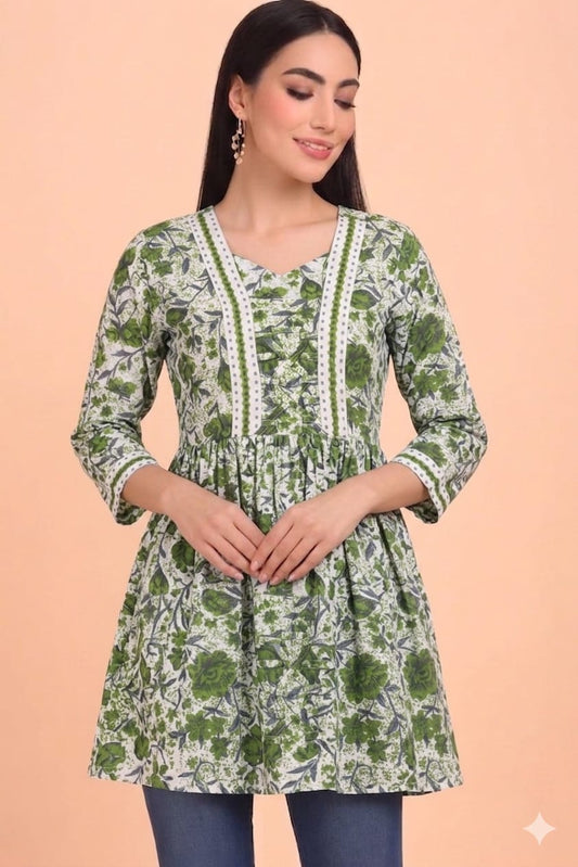 Cotton Flared Summer Kurti-Forest Green