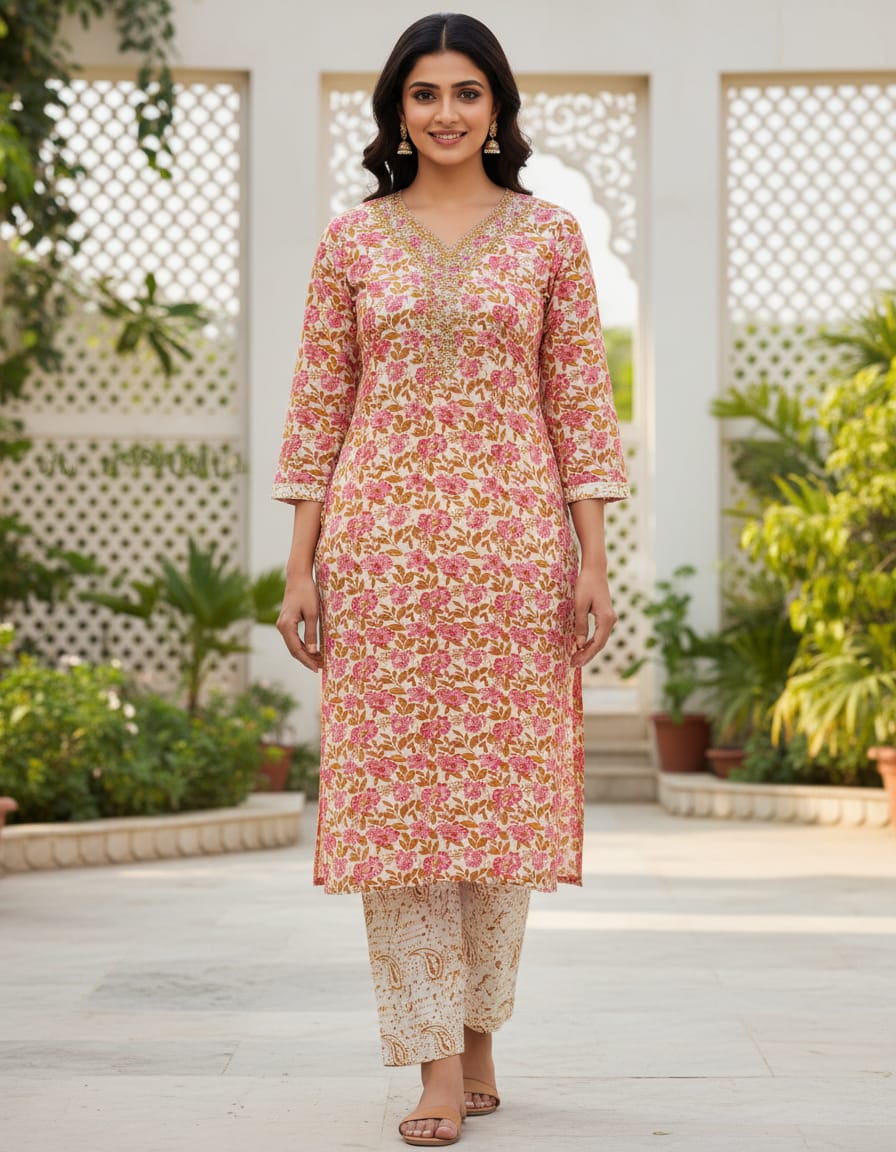 Cotton Floral Printed Co-ord Set- Garden Pink