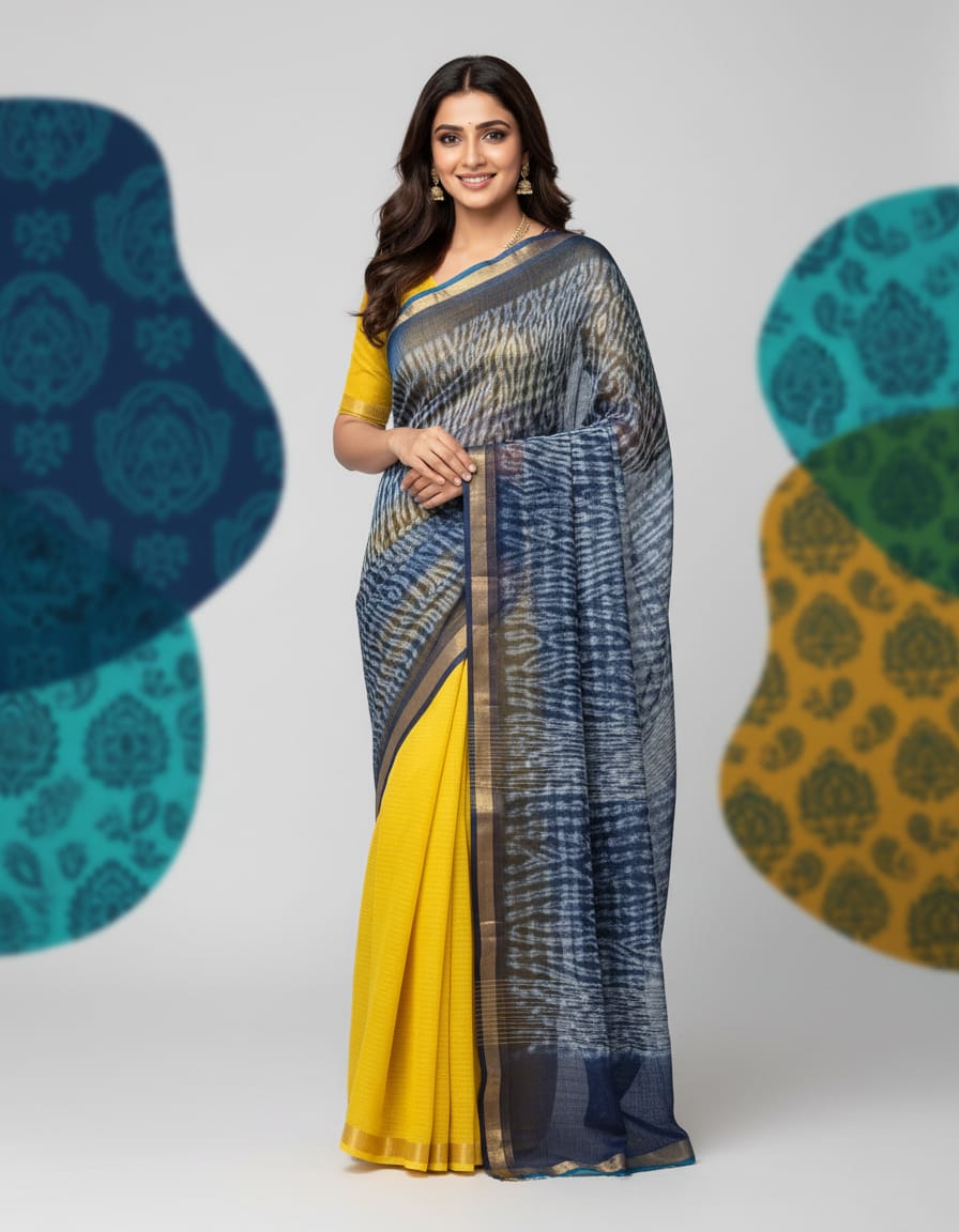 Hand Block Printed Kota Doria Sarees- Dazzling Yellow
