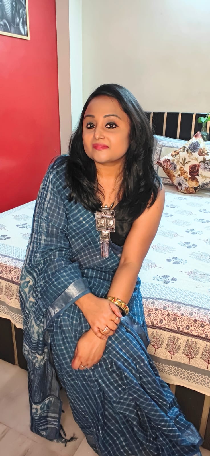 Indigo Block Print Saree with Zari Border | Shop By Abhinetri