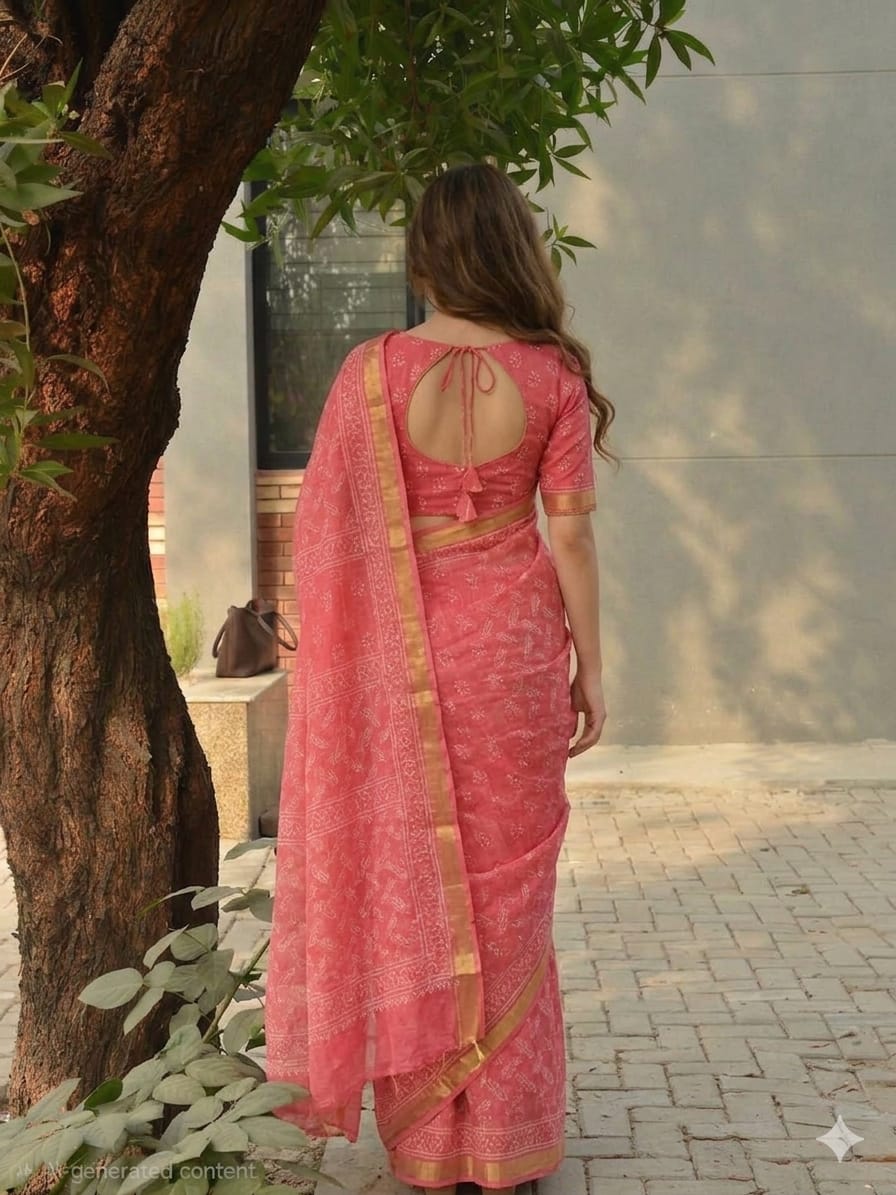 Hand Block Printed Kota Doria Saree - Coral Reef