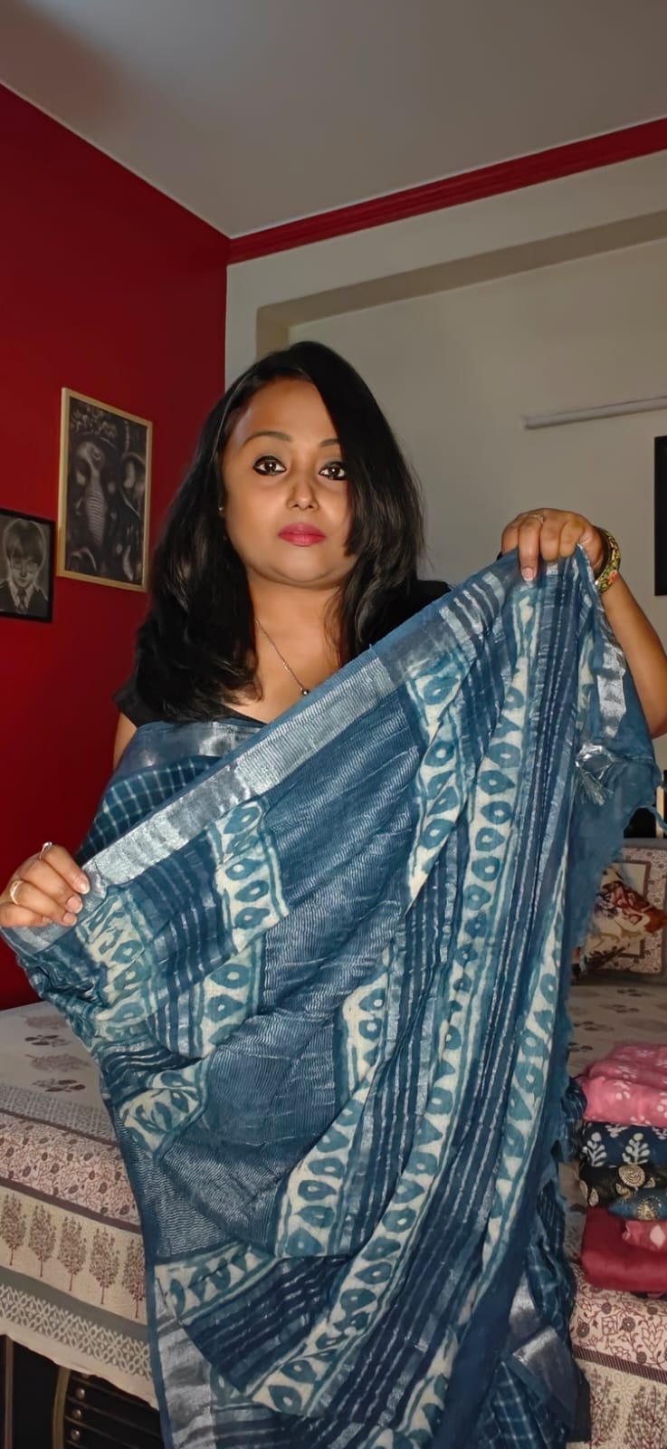 Indigo Block Print Saree with Zari Border | Shop By Abhinetri