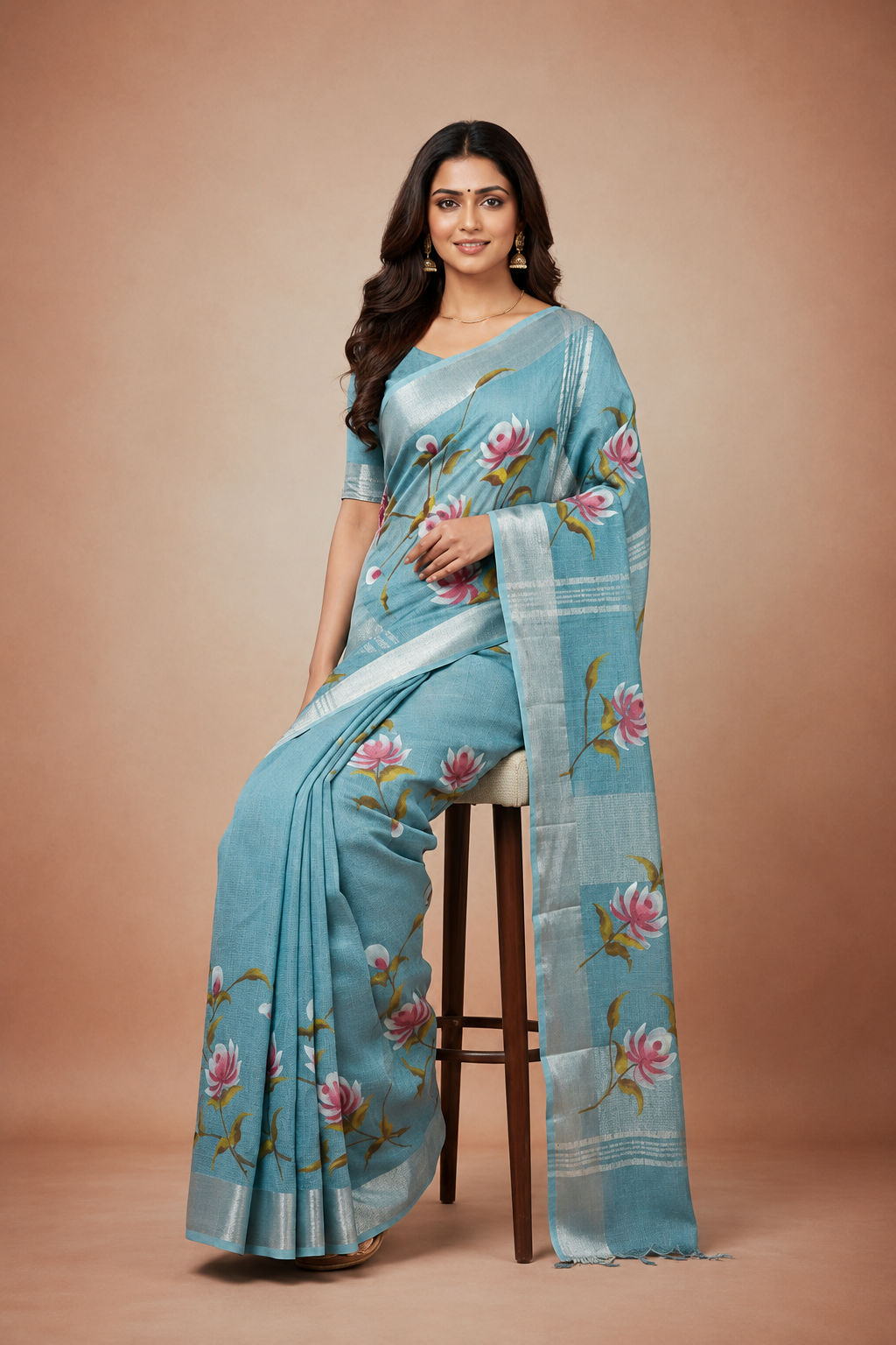 Turquoise Blue Hand Painted Linen Saree | Shop By Abhinetri