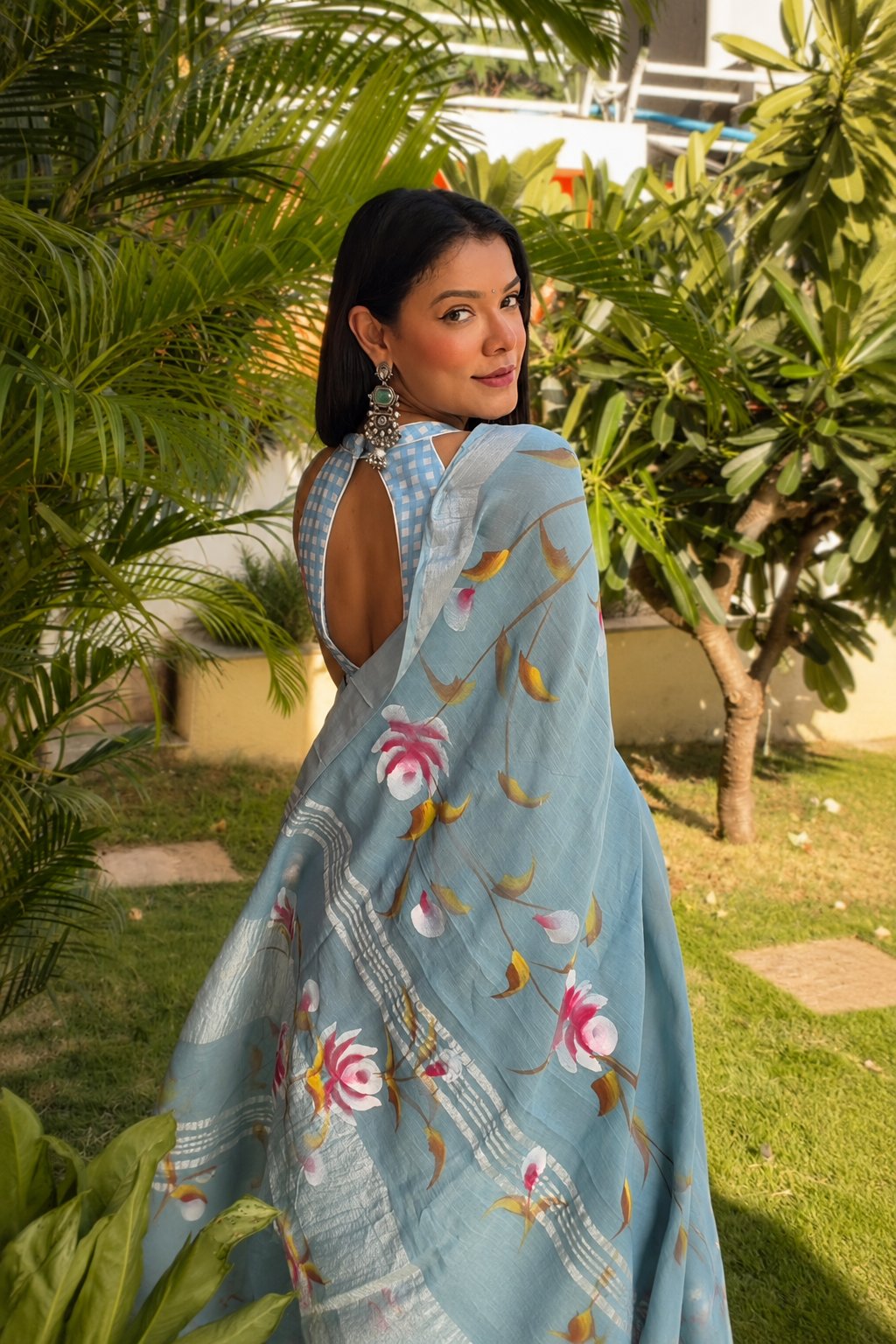 Light Blue Hand Painted Linen Saree | Shop By Abhinetri