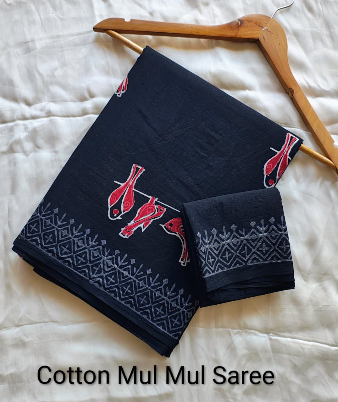 Midnight Black Birds Block Print Mul Cotton Saree | Shop By Abhinetri