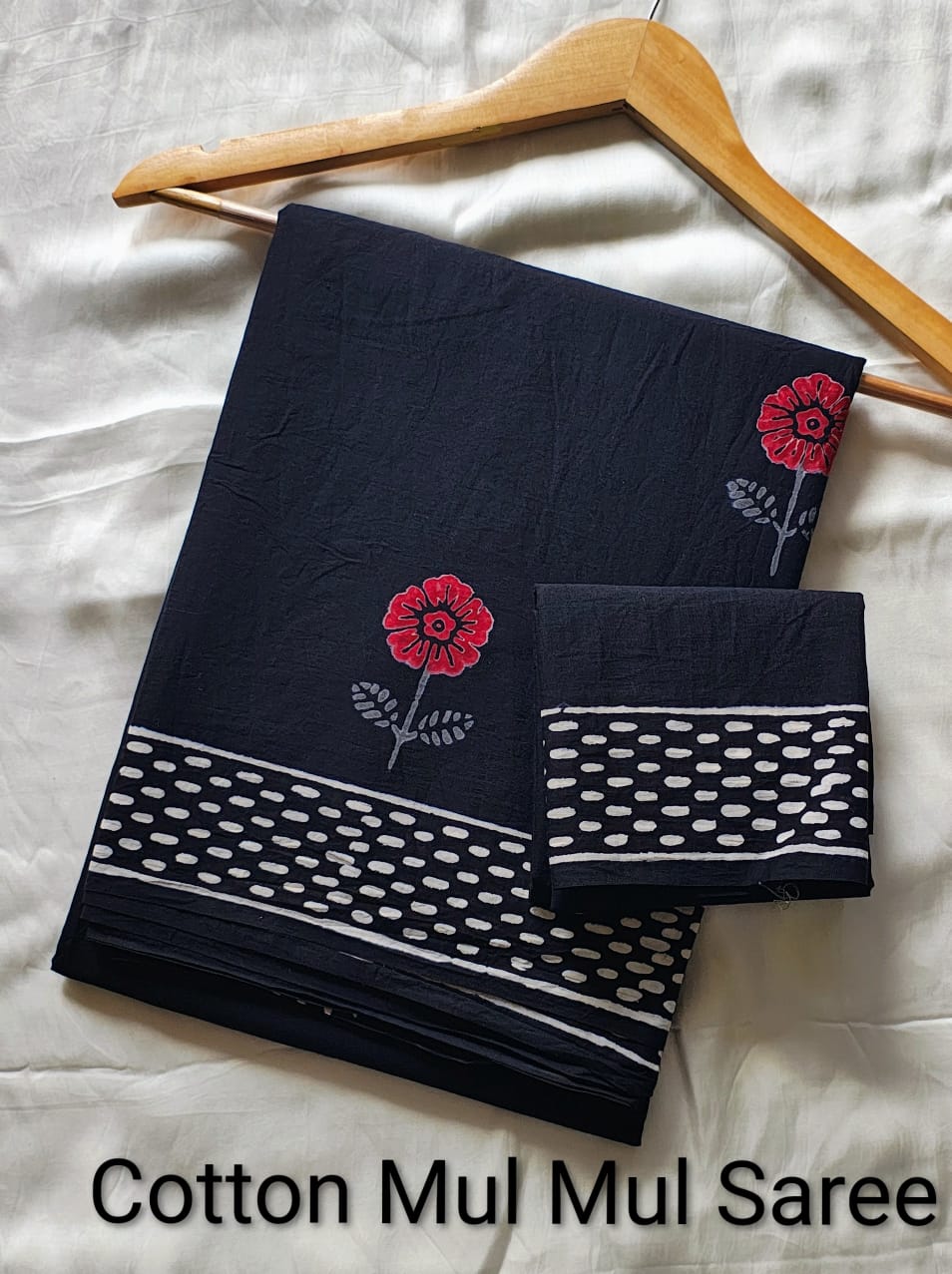 Ebony Black Floral Block Print Mul Cotton Saree | Shop By Abhinetri
