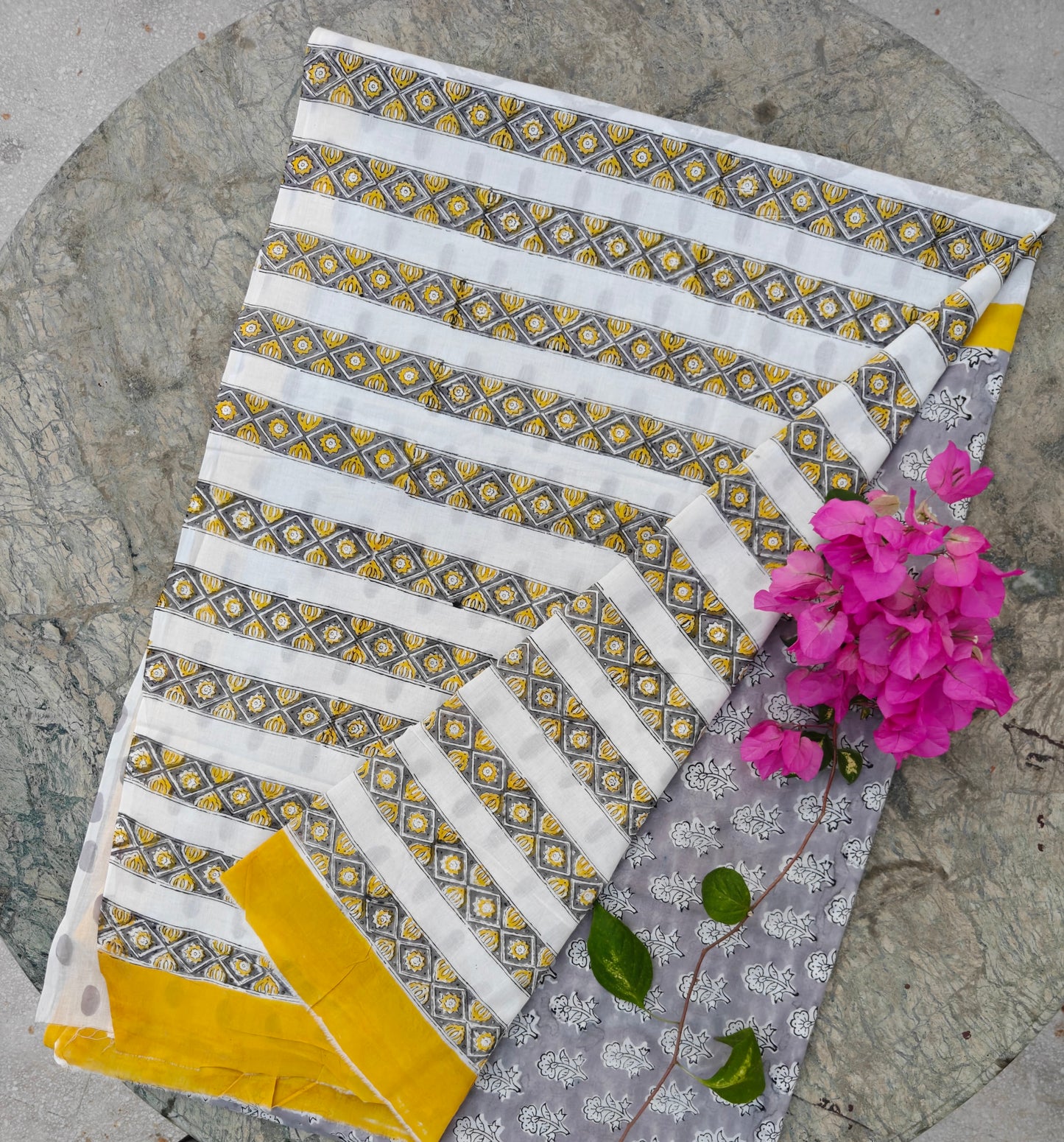 Silver Grey Block Print Mul Cotton Saree | Shop By Abhinetri