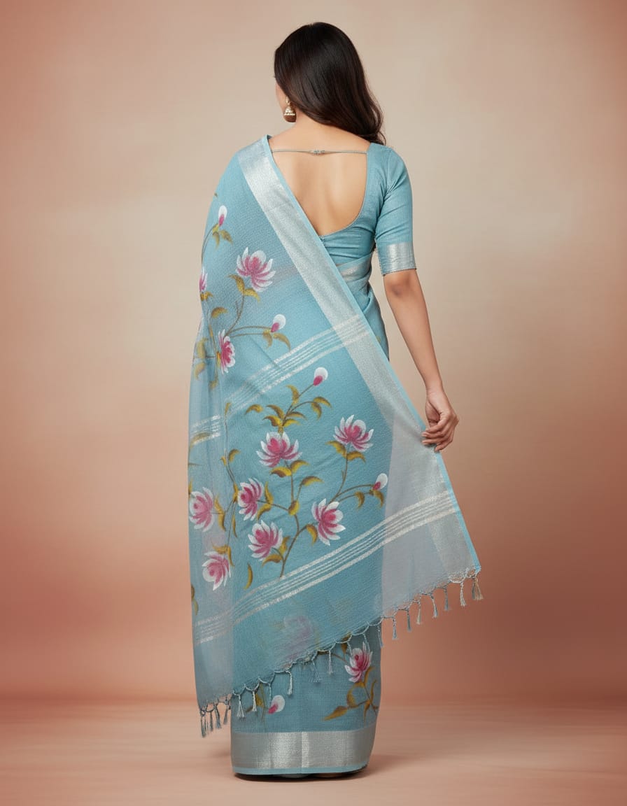 Hand Brush Print Saree with Zari Border-Light Blue