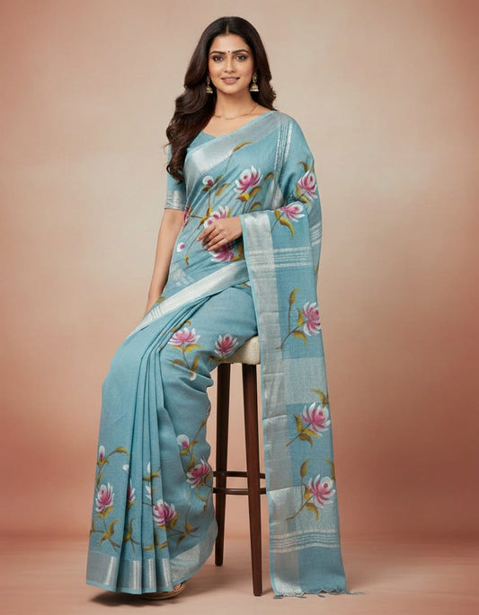 Hand Brush Print Saree with Zari Border-Light Blue