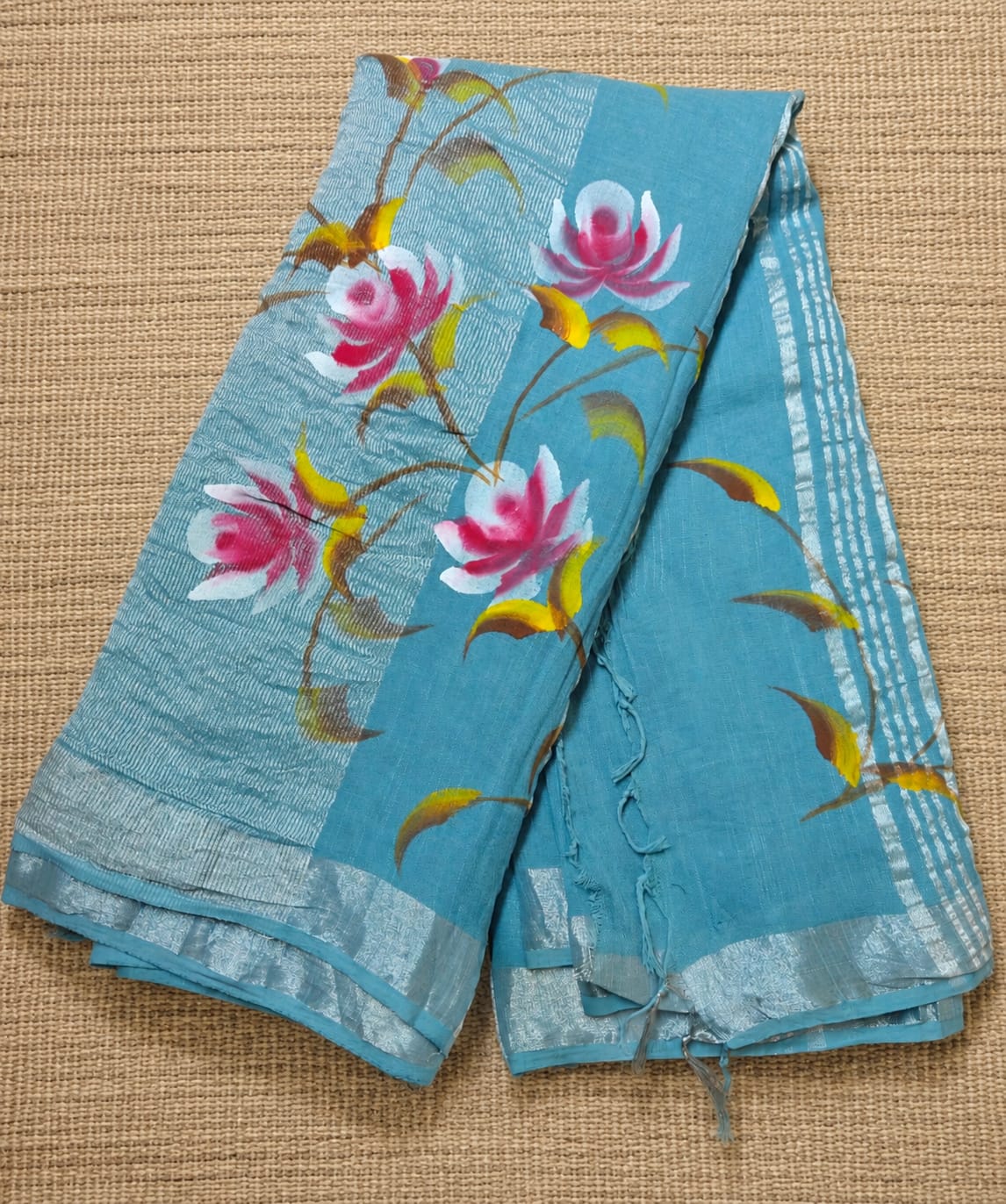 Hand Brush Print Saree with Zari Border-Light Blue