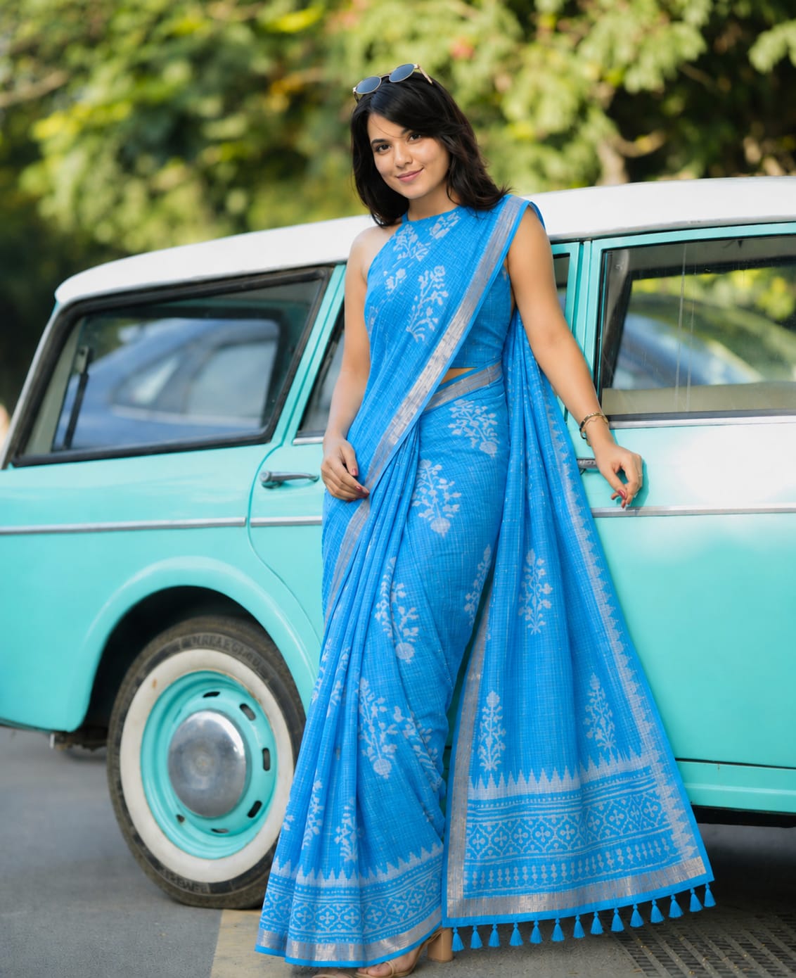 Hand Block Printed Kota Doria Sarees- Turquoise Charm